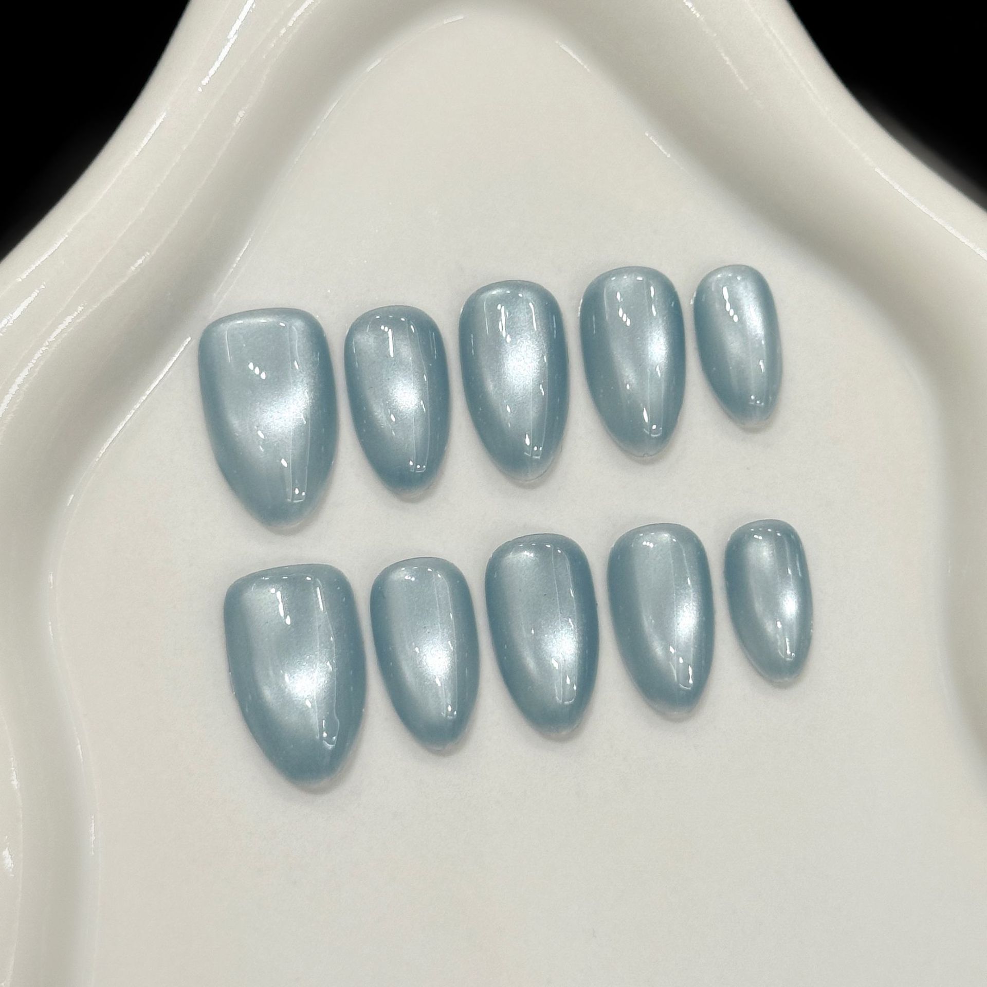 Nail Art Aesthetic - 10Pcs Blue Cat Eye French Short