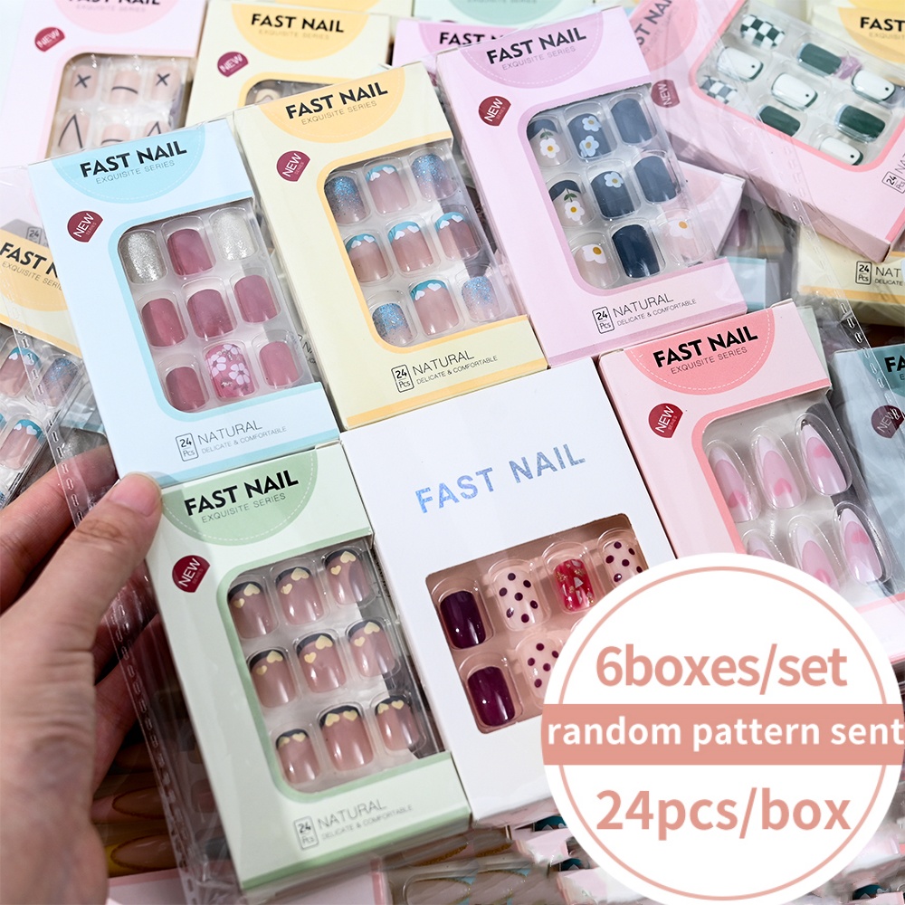 6Boxes/Set Short Square Fake N - Nail Art Aesthetic review and price