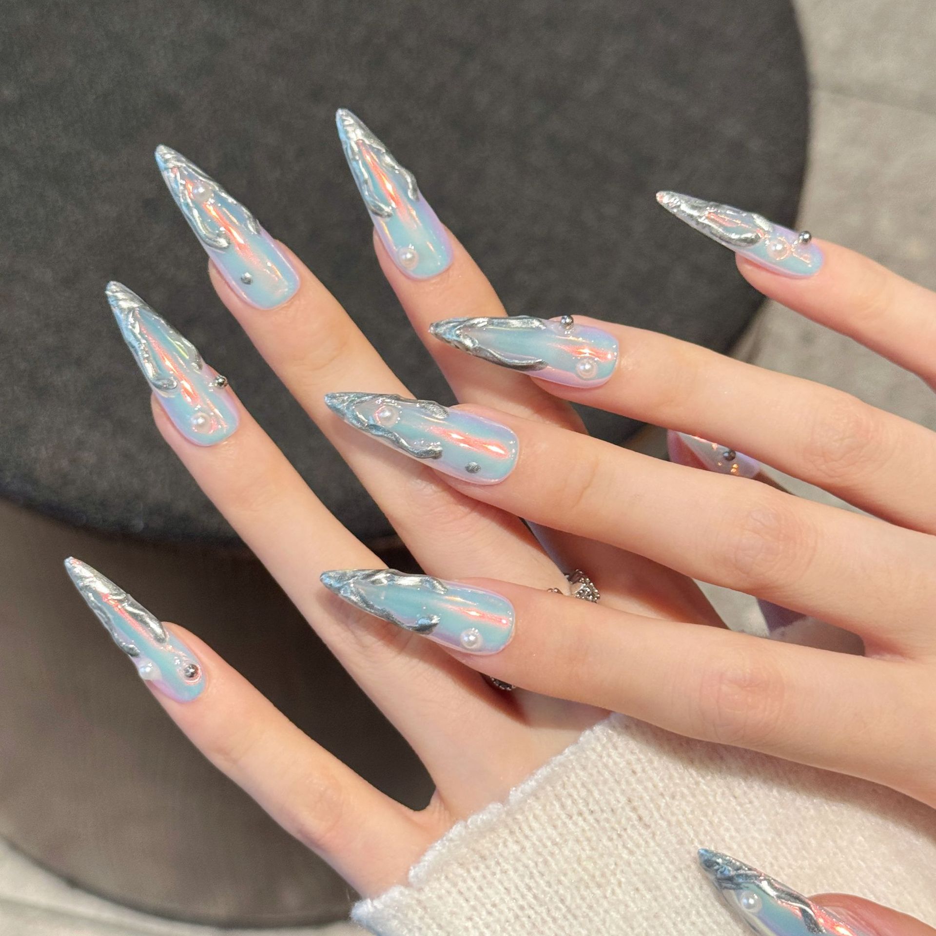 10pcs Silver Aurora Long Stile - Nail Art Aesthetic review and price