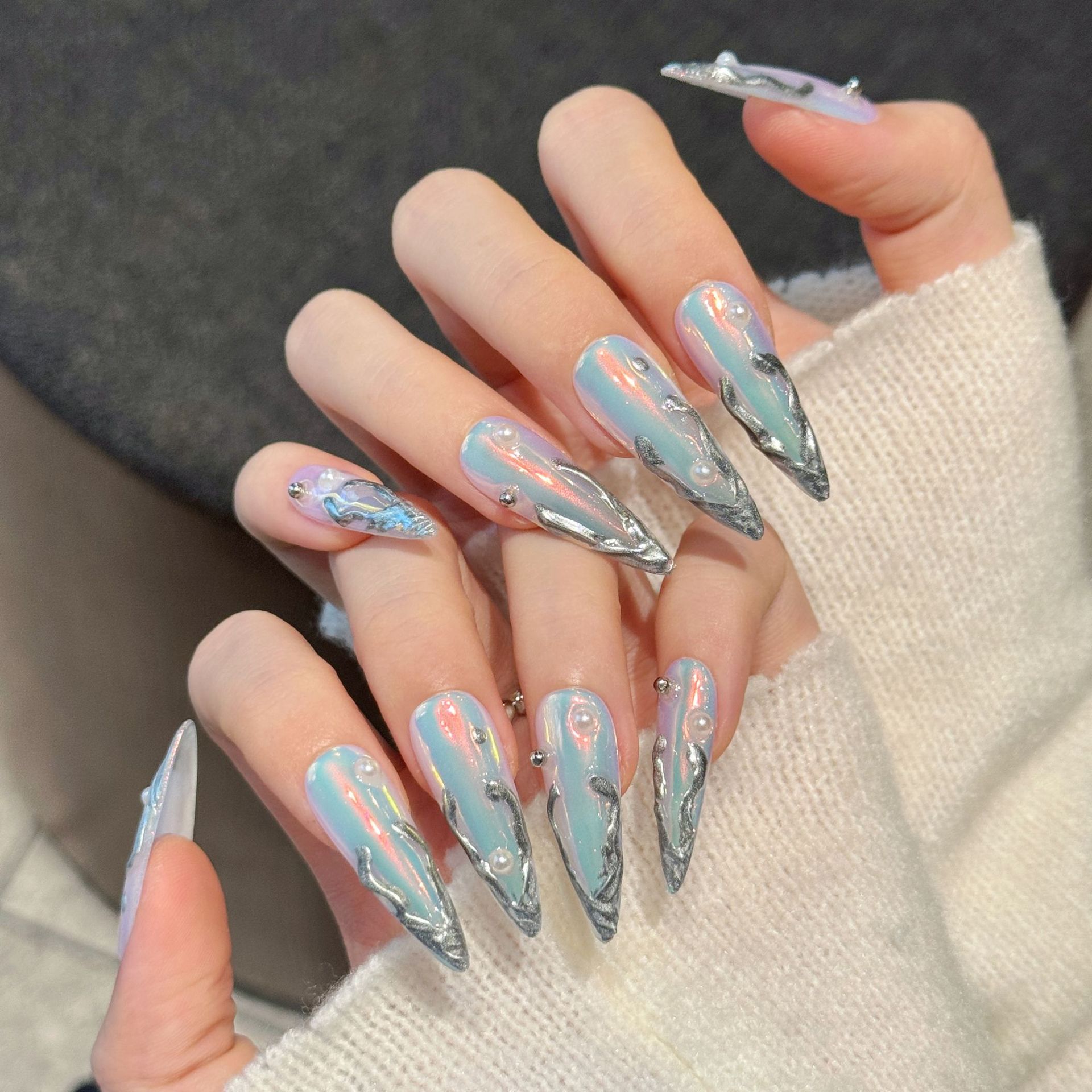 10pcs Silver Aurora Long Stile - Nail Art Aesthetic review and price