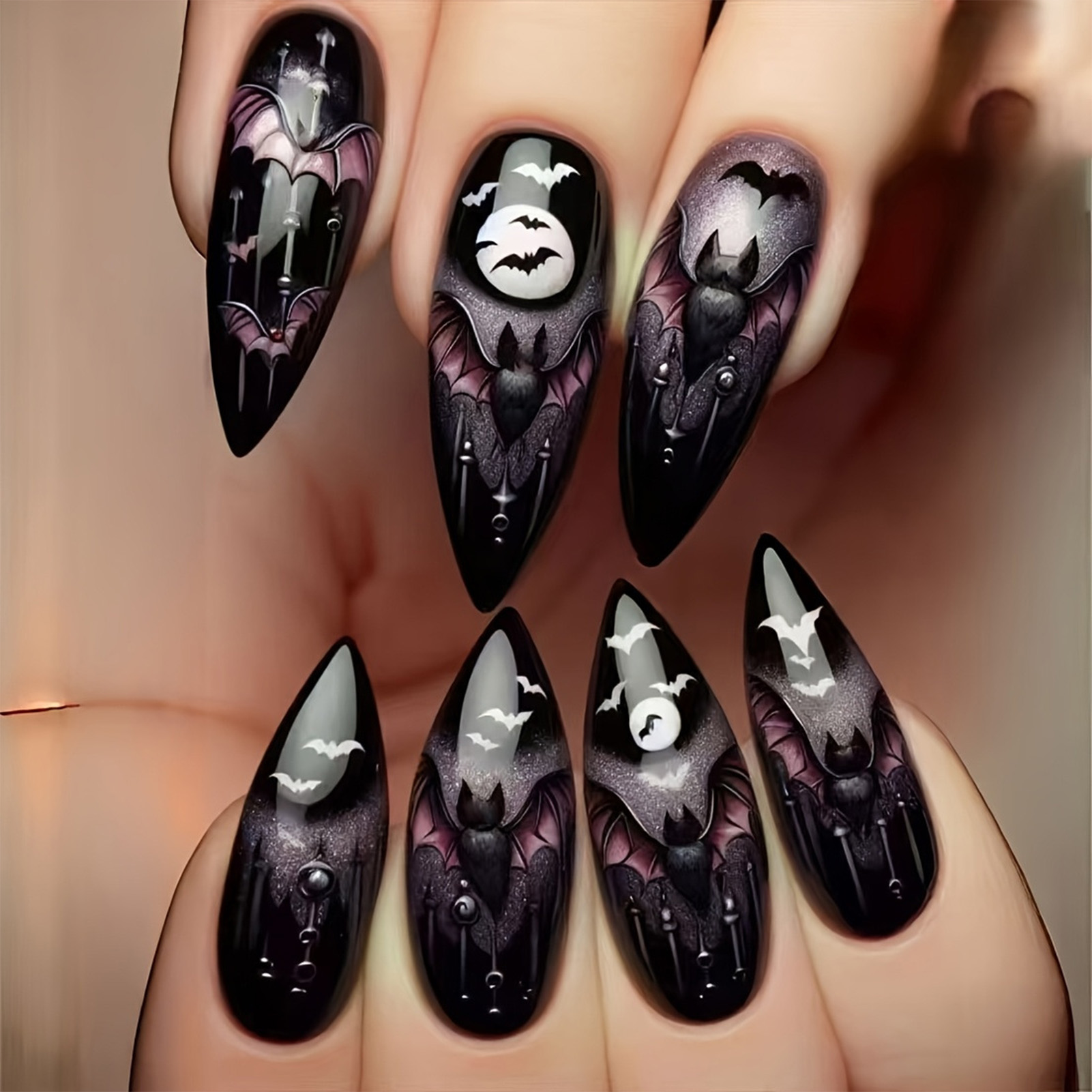 24Pcs Halloween Fake Nails Bla - Nail Art Aesthetic review and price